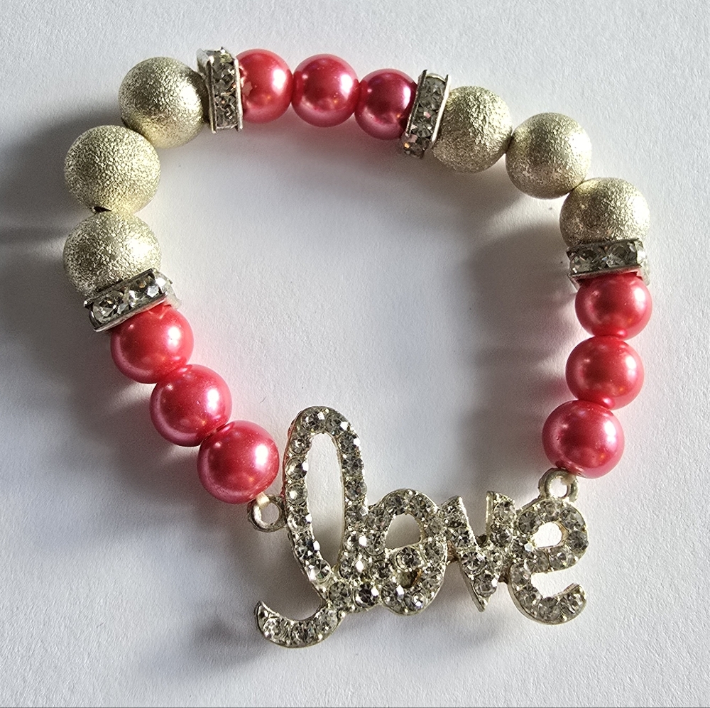 Love bracelet pink silver tone stretch handmade stretchy girly sweet